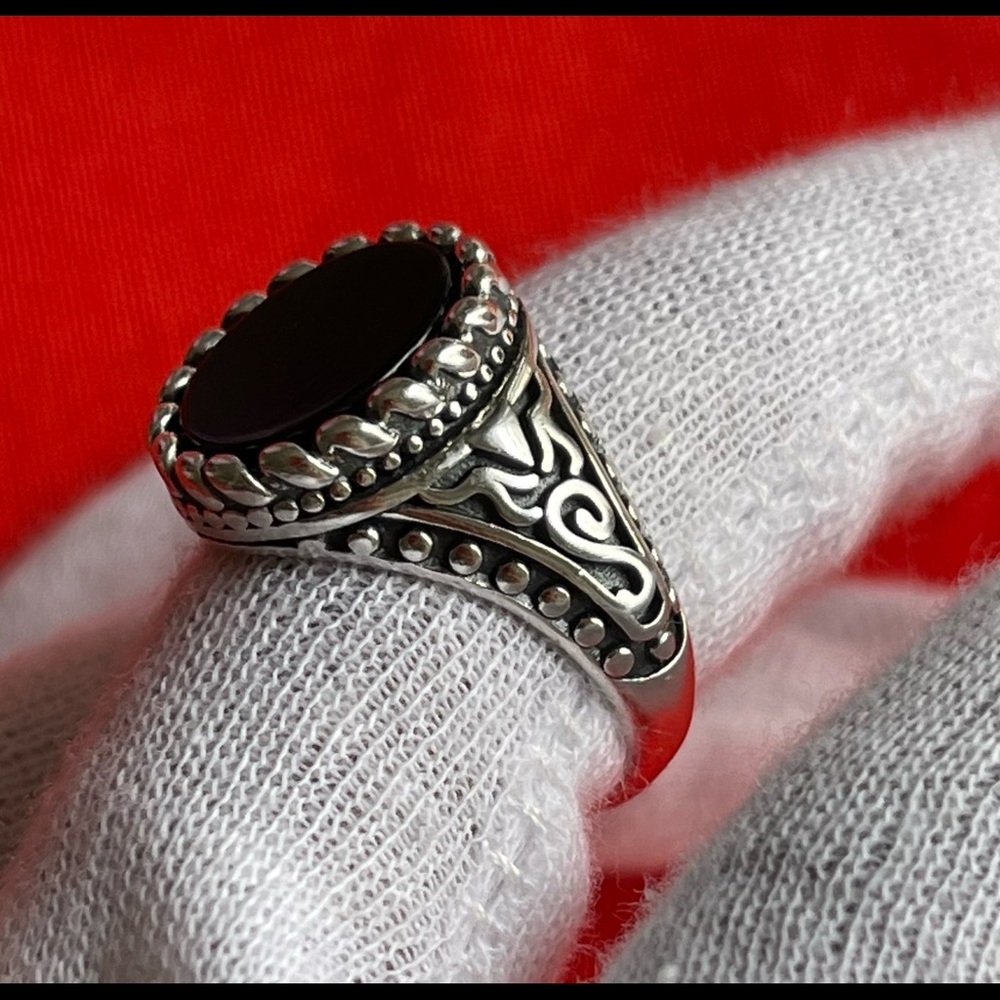 925 Sterling Silver Natural Carnelian Black Round Artisan Solitaire Ring